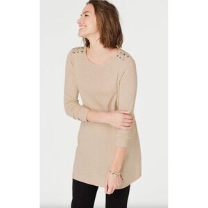J.Jill Pima Laced-Shoulder Tunic Top Long‎ Sleeve Casual Beige Size S